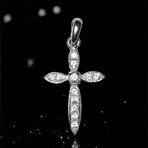 💞VINTAGE 14K White Gold Cross With Pavé-Set Round Diamonds - PENDANT ONLY